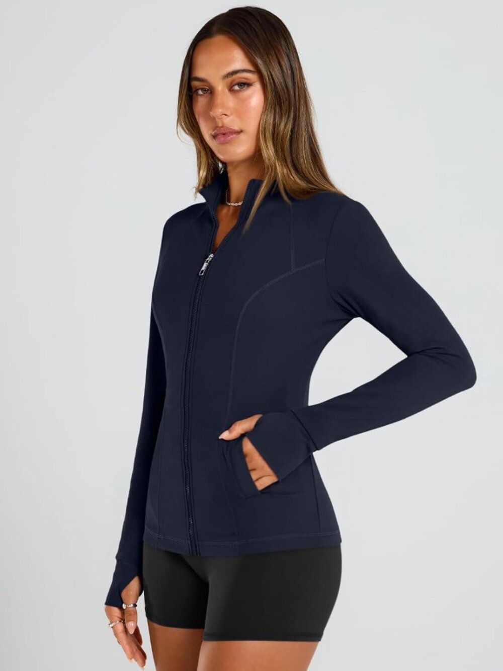 〽️Women Deep Blue Zip Up Hoodie Gym Slim Fit Lightweight Workout Athletic Jacket - Picture 4 of 6